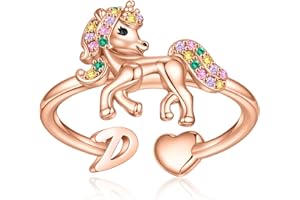 EXQUJEW Unicorn Initial Rings for Teen Girls, Rose Gold/White Gold Plated Heart Initial Rings for Girls Adjustable Stackable Rings for Women Diny Heart Ring for Teen Girls Gifts Unicorns Gifts for Girls