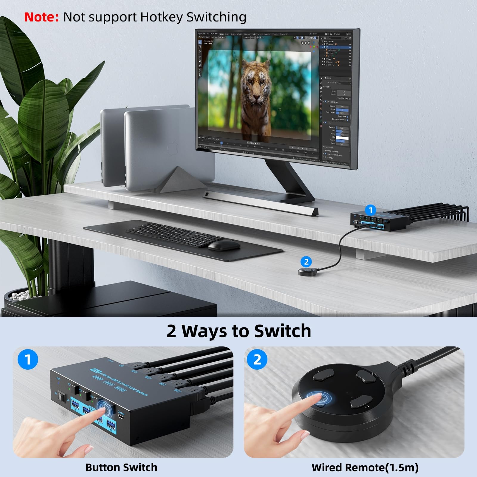 8K HDMI KVM Switch 4 Computers Sharing 1 Monitor, ANXQQ EDID Function KVM Switch HDMI 4 Port 8K@60Hz 4K144Hz for 4 USB Devices, Keyboard Mouse Switch with 4 USB Cables, Wired Control and Power Supply