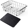 NiuYichee Stainless Steel Dish Drying Rack(15.2"L X 11"W X 5.3"H), Expandable Fruit & Vegetable Drain Rack over Sink, Dish Drainer Rack in Sink, with Stainless Steel Utensil Holder & Silicone Mat(16")