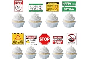 DEORFUY Inisajace Drivers License 16th Birthday Decorations for Boys, 16th Happy Bday Cupcake Toppers Party Decoration Car Themed Road Signs Cupcake Picks Decor 16 Years Old Learner Driver Supplies