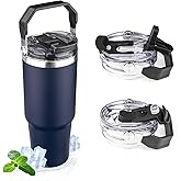 30oz Tumbler with Handle and Flip Straw Lid Double Wall Insulated Travel Coffee Mug Stainless Steel Vacuum Insulated Coffee Tumbler Cup for Hot and Cold Beverages,Leak-proof&BPA-free (30oz,Navy blue)