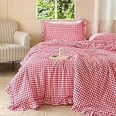 NSNLGSGC Red Ruffle Gingham Comforter Set Queen, Pre-Washed Ruffled Plaid Checked Comforter Bedding, 3 Pieces Vintage Farmhouse Grid Bedding Set(Red Gingham, Queen)