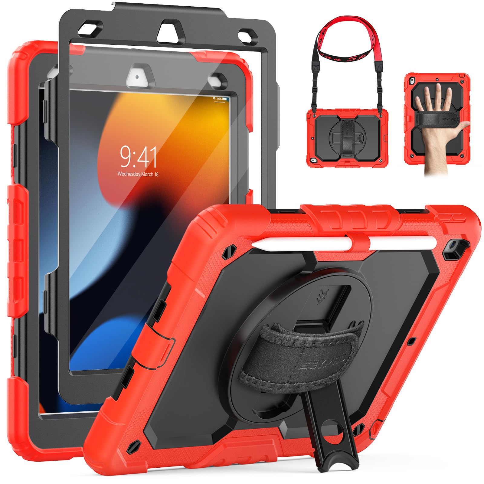 SEYMAC Case for iPad 9th/8th/7th Generation 2021/2020/2019 10.2 inch, Shockproof Case with Screen Protector, 360 Degree Rotating Stand/Hand Strap, Pen Holder for iPad 10.2 Inch, Red