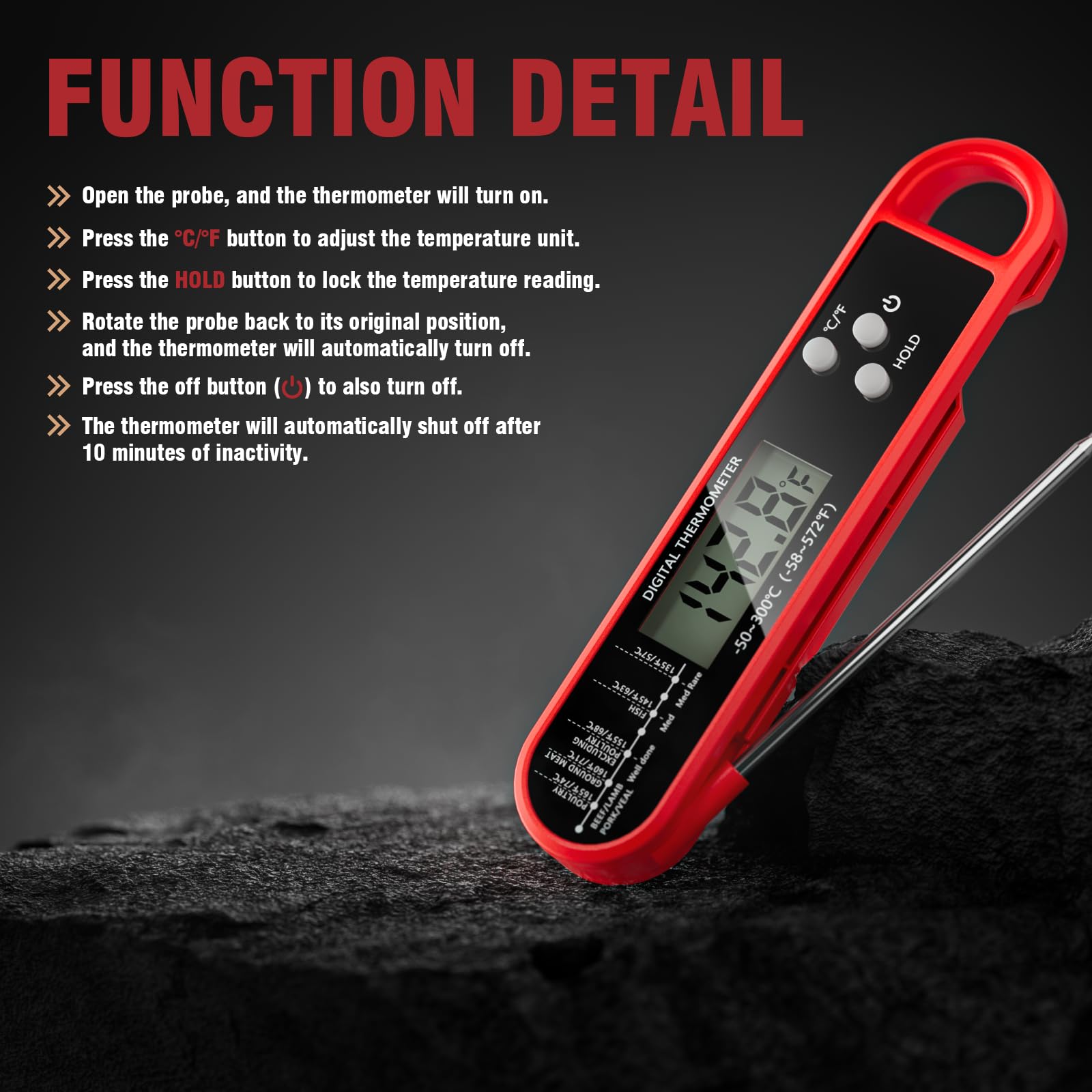 RUN HELIX Fleischthermometer Digital Rot，Bratenthermometer，Thermometer kochen，Langer Sonde und LCD Bildschirm, Ausschaltung für Steak, Essen, BBQ, Backen，Wasserthermometer und Kerntemperaturmesser 3