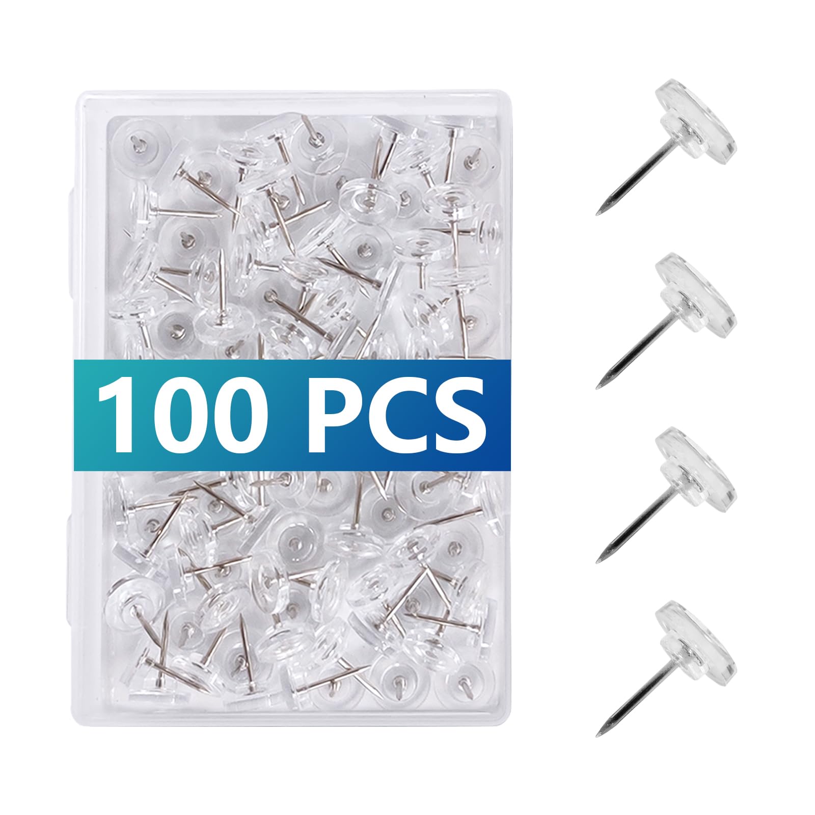 Photo 1 of 100 Pcs Clear Push Pins Tacks, Thumb Tacks, Reusable Flat Head Thumbtacks for Bulletin Board, Wall Displays and Hanging, Maps, Posters