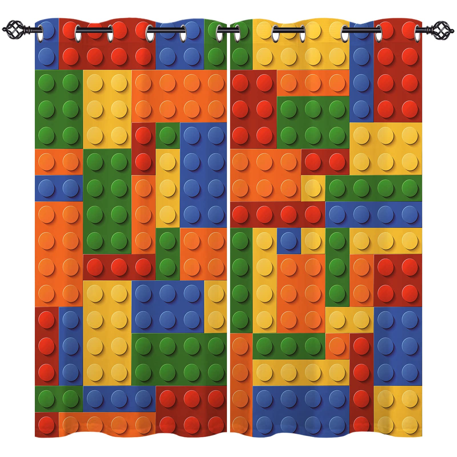 ANHOPE Building Blocks Curtains Eyelet 80% Blackout Room Darkening Curtains Plastic Parts Print Pattern Light Blocking Window Drapes for Kids Boys Girls Bedroom Living Room 46 x 54 Inch Drop 2 Panels