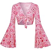 Verdusa Women's Bell Sleeve Crop Top Tie Front Long Sleeve Blouse Sheer Mesh Top