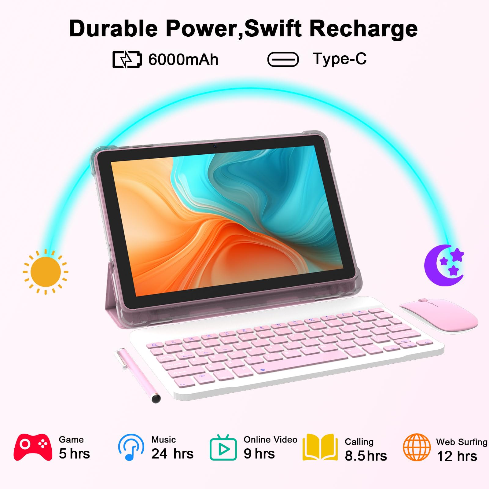 Android 15 Tablet 10 Inch, 20GB RAM+128GB ROM/ 2TB Expandable, 2.0GHz Quad-core Processor, 1280*800 HD Screen, 5G WiFi6 BT 5.0, 2 in 1 Tablets with Keyboard Case Mouse Stylus, Widevine L1 Pink