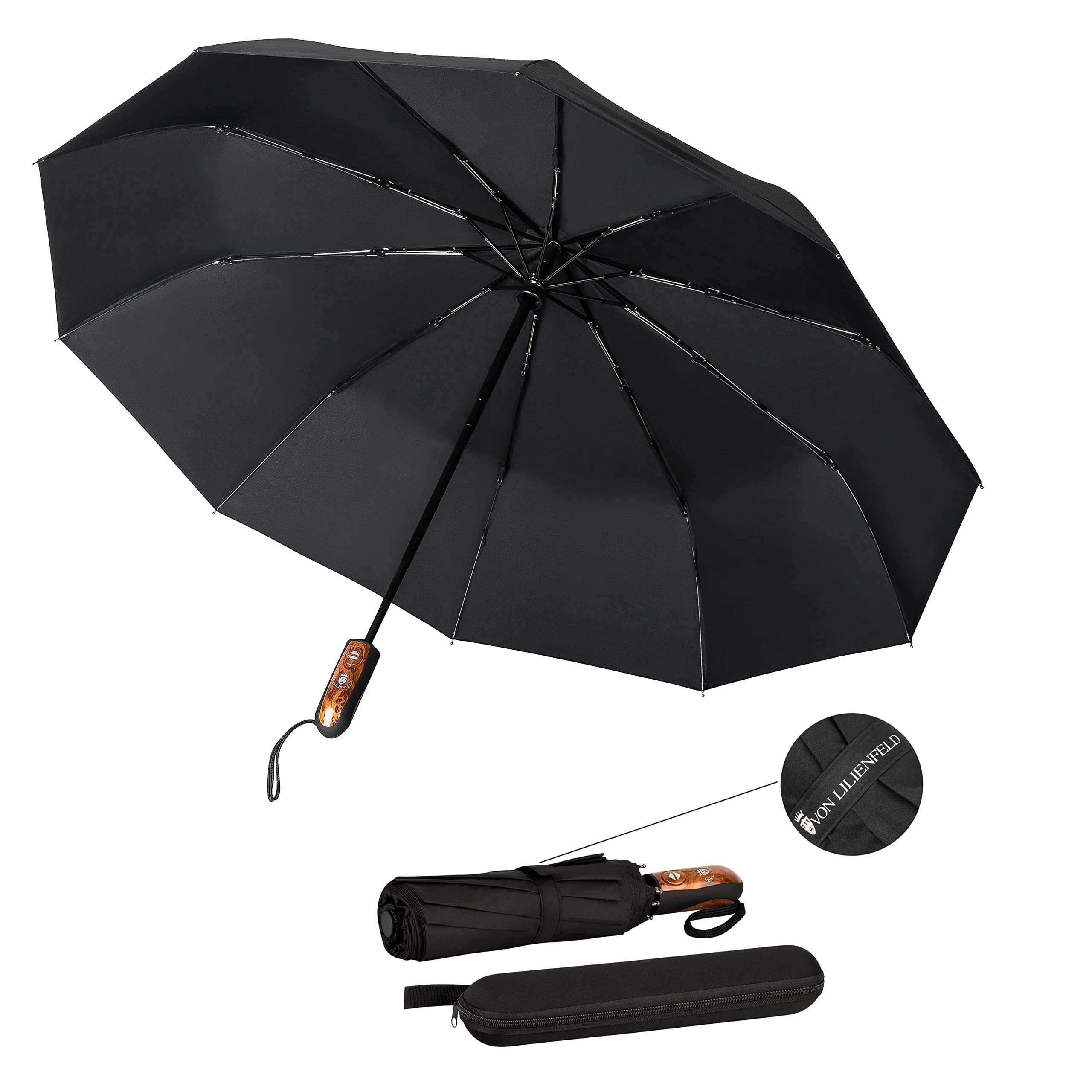 VON LILIENFELD® Windproof Teflon Coated Folding Umbrella Wind Resistant Automatic Open and Close Slightly Stable Clark, Black, L88/D100