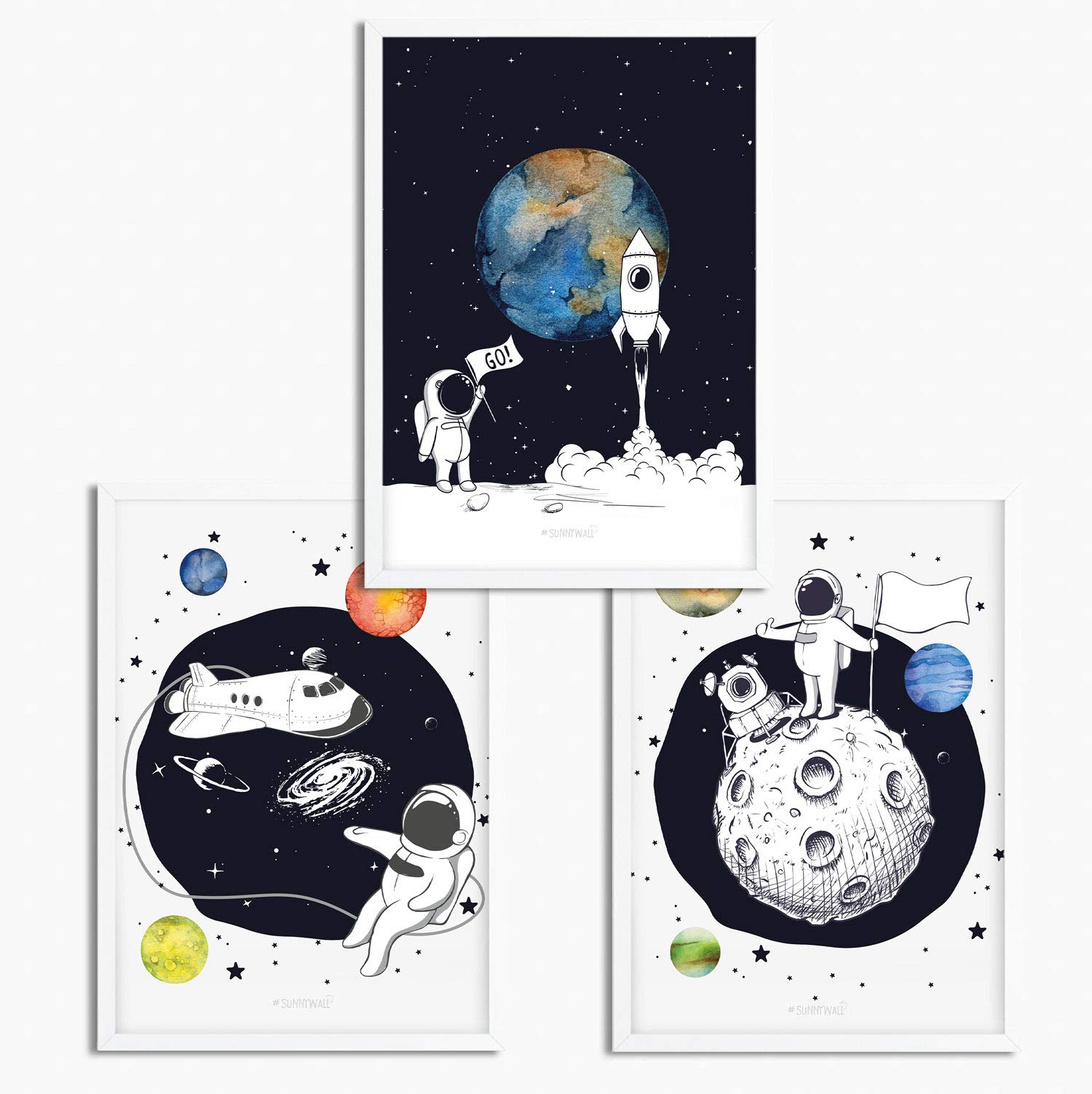 Sunnywall® Set of 3 Children's Room Posters, A4 Pictures, Baby Room, Children's Poster, Without Picture Frame, Decorative Girl Boy, Astronaut Space Space