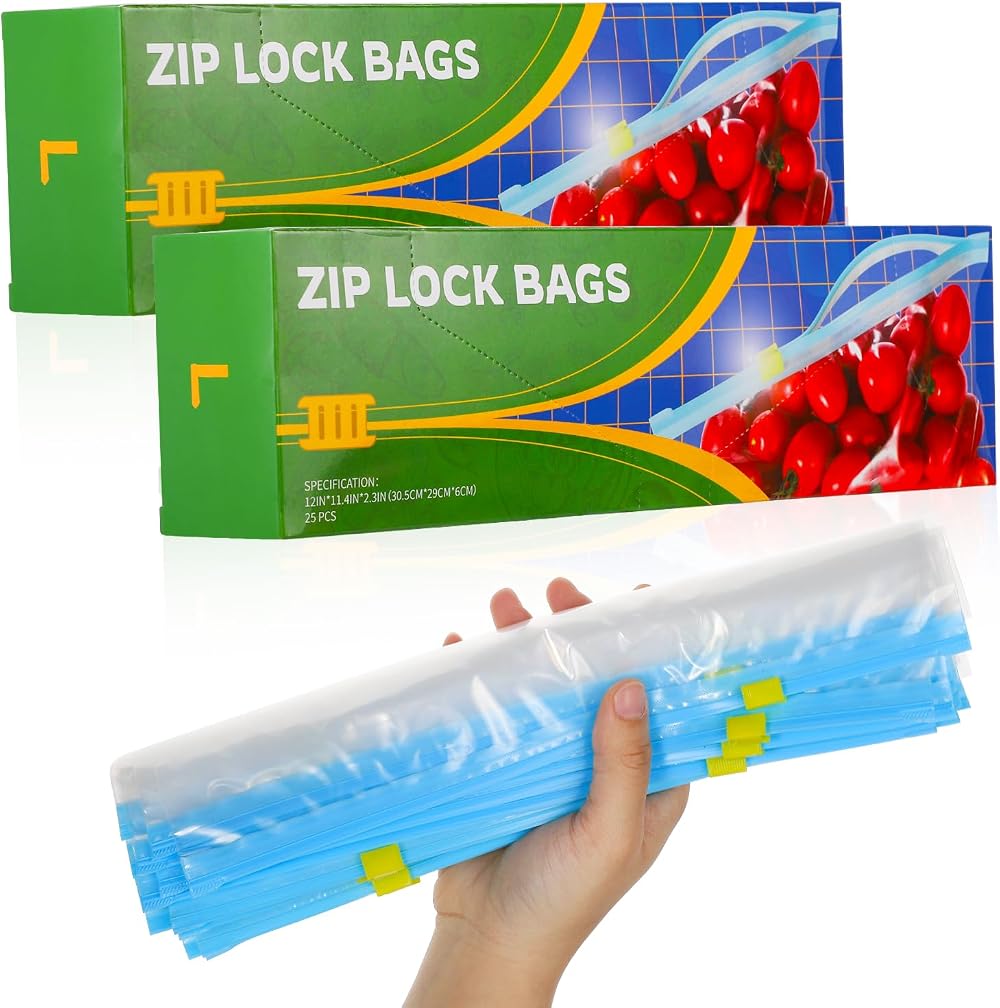 Hemiks 50 Pcs Food Storage Freezer Bags 4.55L Large Zip Lock Expandable Bottom