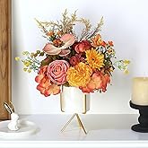 UBOSU Artificial Flower Arrangement with Ceramic Vase and Gold Metal Stand, Orange and Terracotta Mixed Seasonal Flowers, 12x