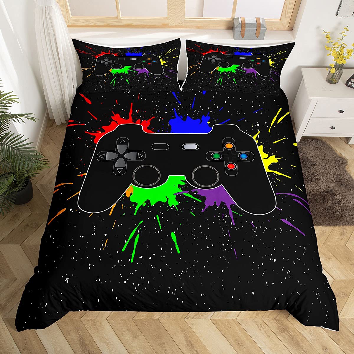 Galaxy Tie Dye Comforter Cover Set,Video Games Starry Sky Pattern Bedding Set King,Kids Game Room Decor Duvet Cover Gamer Gamepad Comforter Cover,Home Decor 3 Piece Bedding Set With 2 Pillow Cases — image 1