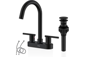 KENES 4 Inch 2 Handle Centerset Matte Black Bathroom Faucet, Modern Commercial Two Handle Black Bathroom Sink Faucet, with Pop Up Sink Drain and Two Water Supply Lines, KE-9019-2