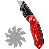 STEELITE Folding Utility Knife, Heavy Duty Box Cutter with 13 Extra Blades | Quick-Open Button Lock for One-Handed Operation, Blade Storage Design, Perfect for Cartons, Tapes, Cardboard, Leather