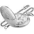 Realpoo Silvery Smooth Shield Round Case Quartz Pocket Watch ，Roman Numeral White Dial Quartz Movement Pocket Watches with Belt Clip Chain-Silvery