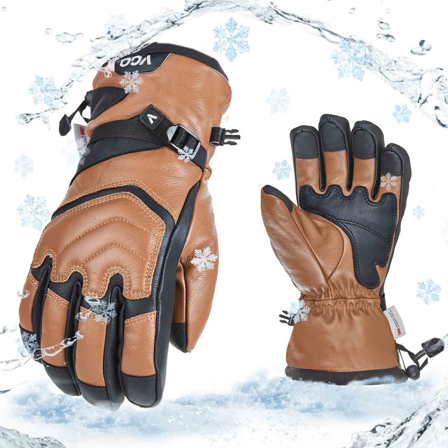 Vgo Cow Leather Warm Ski Gloves - Men, Women, Winter Snow, Outdoor, 3M Thinsulate Waterproof (-30℃/-22°F)
