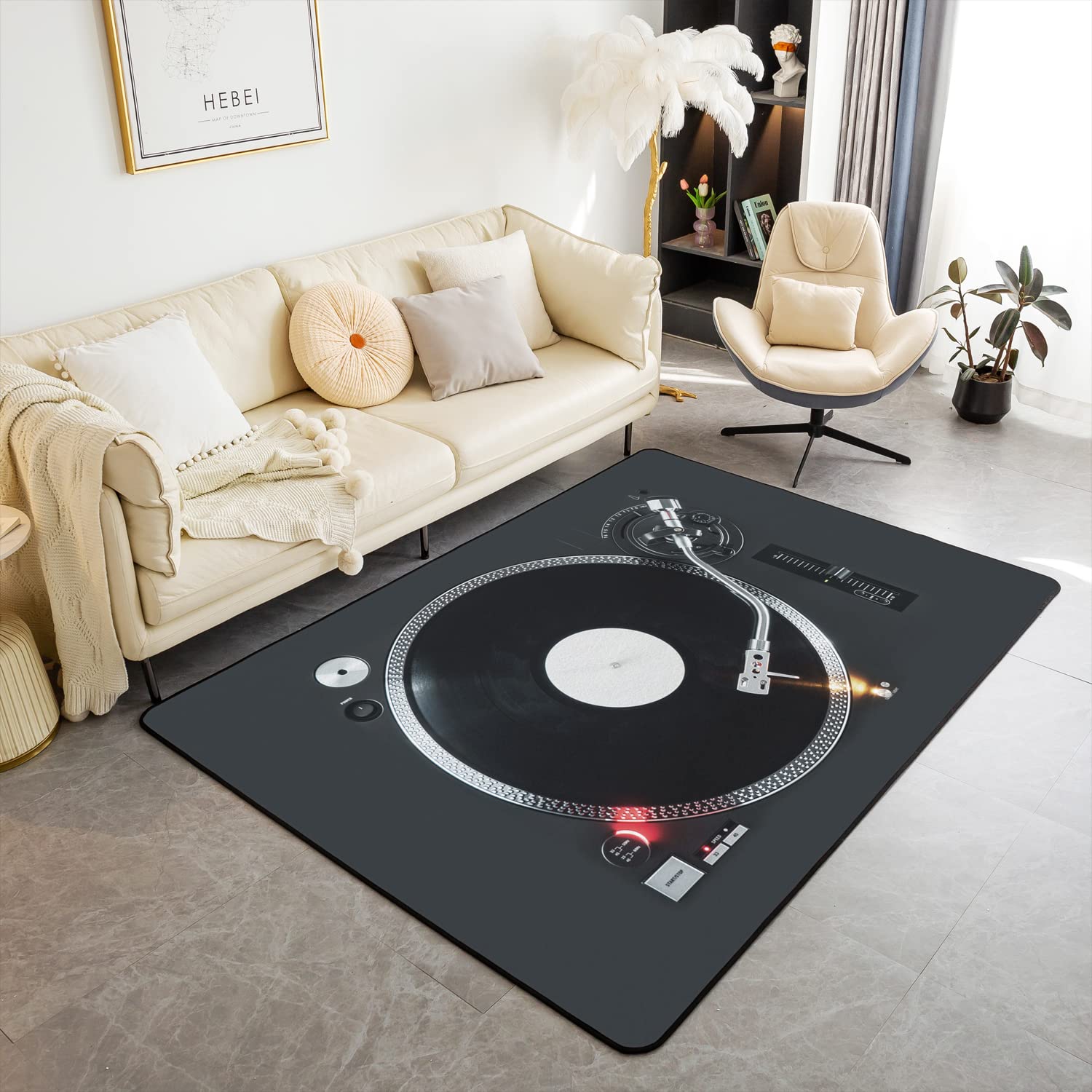Loussiesd Vintage Record Decor Carpet, Phonograph Musical Theme Living Room Rugs for Music Instruments Popstar Party Indoor Floor Mat Black Decor Area Rug 100x150cm