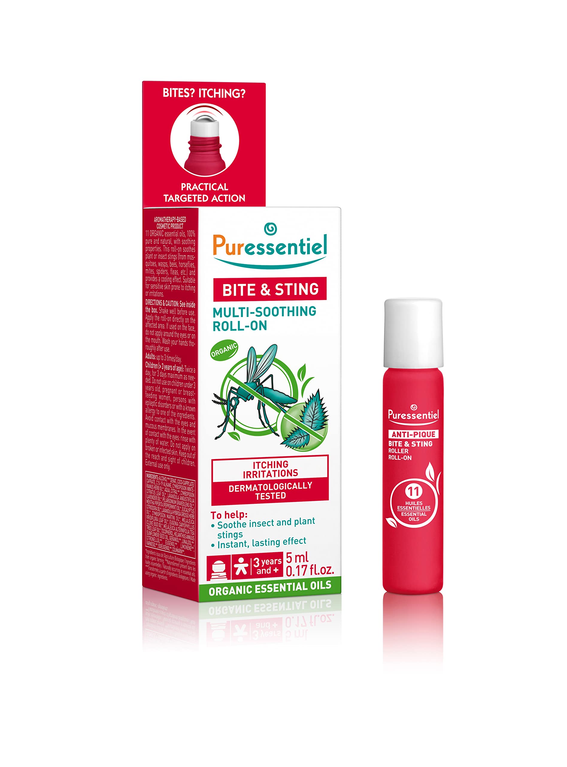 Puressentiel Bite & Sting Relief Roll-On 5 ml – Instant & Lasting Effect - Mosquito Bites, Insect Bites, Bee, Wasp & Nettle Stings – 100% Natural – Bite, Sting & Itch Soothing Properties - Pocket Size