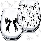 Sliner 2 Pack Black Bow Stemless Wine Glasses 17oz Coquette Glass Cup Bridal Shower Gifts Trendy Inspired Wine Cup for Birthday Wedding Bridal Shower Party Supplies, Gift for Girls Women Friends