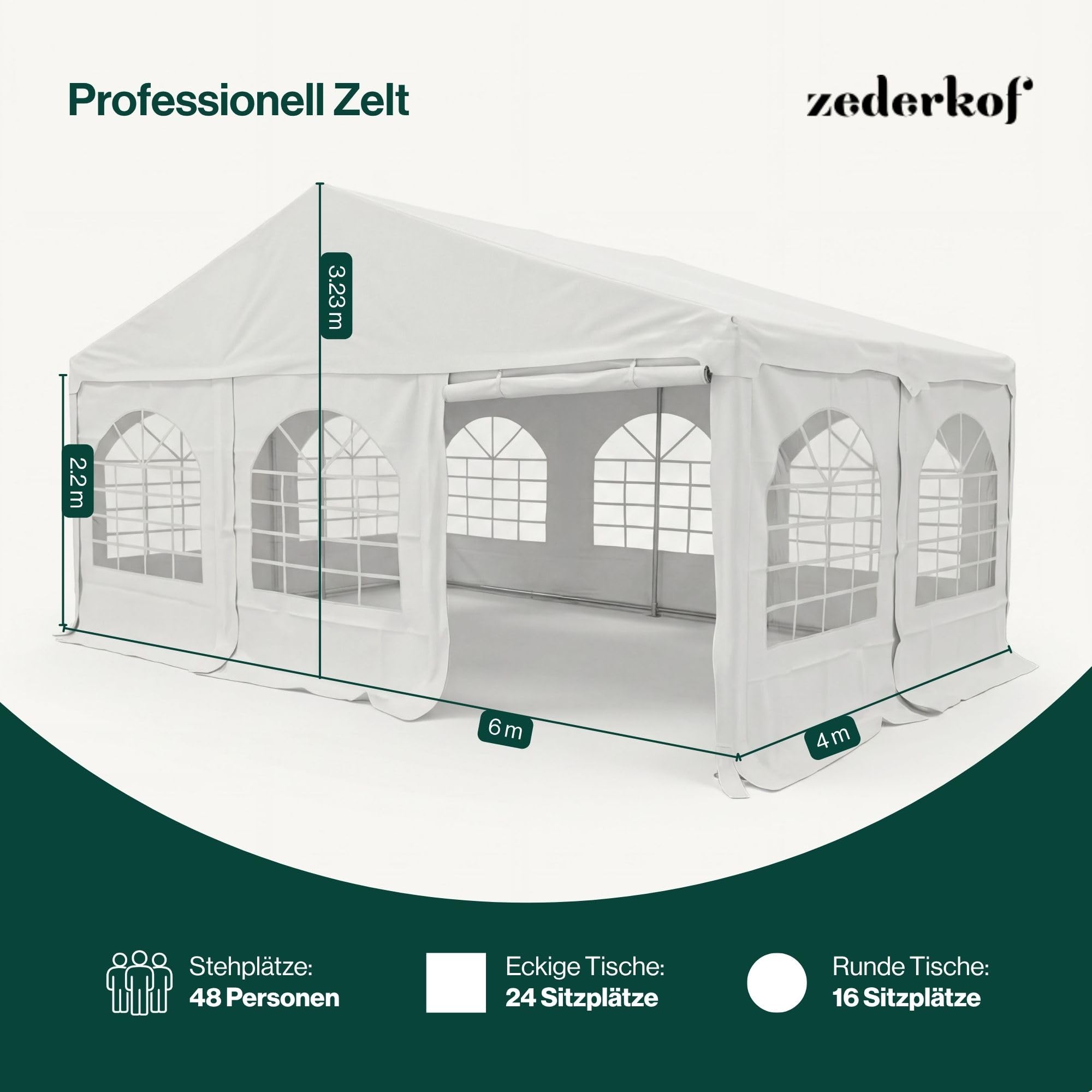 Tent for Events Partyzelt 4x6 m, 620g/m² PVC Eventzelt, Feuerhemmend & Wasserdicht, Klicksystem ohne Schrauben, Stahlrahmen, Inkl. 8 Fenster- & 2 Türseitenteile, Weiß 4