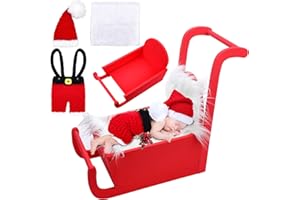 Velmitten 3 Set Christmas Newborn Photography Props Mini Red Sleigh Newborn Photography Basket Christmas Cap Crochet Santa Claus Outfits White Fur Blanket for Baby New Baby Photographic Props