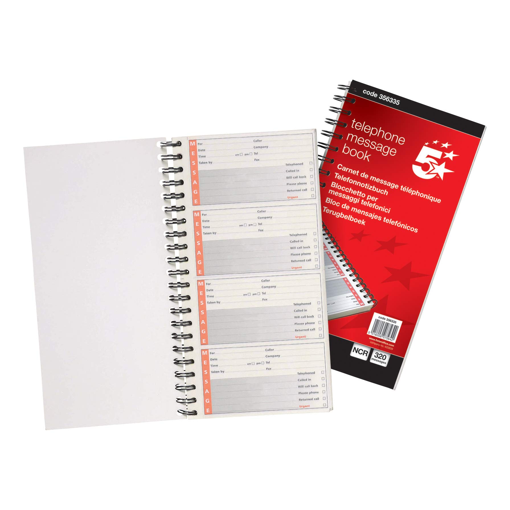 5 Star Office Telephone Message Book Wirebound Carbonless 320 Notes 80 Pages 279x152mm, White