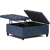 SIMPLIHOME Harrison 36 inch Wide Transitional Square Coffee Table Storage Ottoman in Denim Blue Vegan Faux Leather, Assembled
