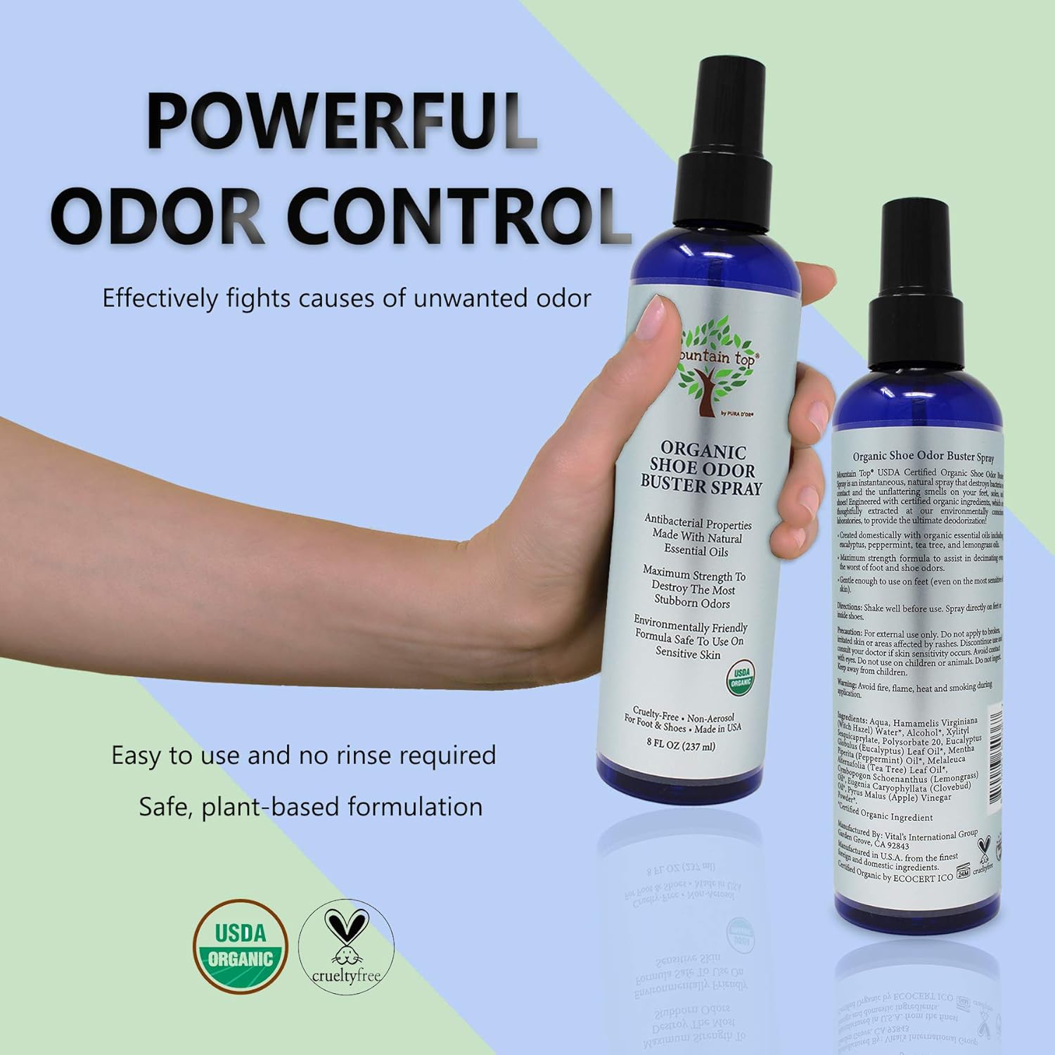 MOUNTAIN TOP Shoe Odor Buster Spray (8 oz / 237 ml) USD Organic - Maximum Strength Foot & Shoe Deodorizer with Eucalyptus, Peppermint, Tea Tree & Lemongrass Oils : Beauty