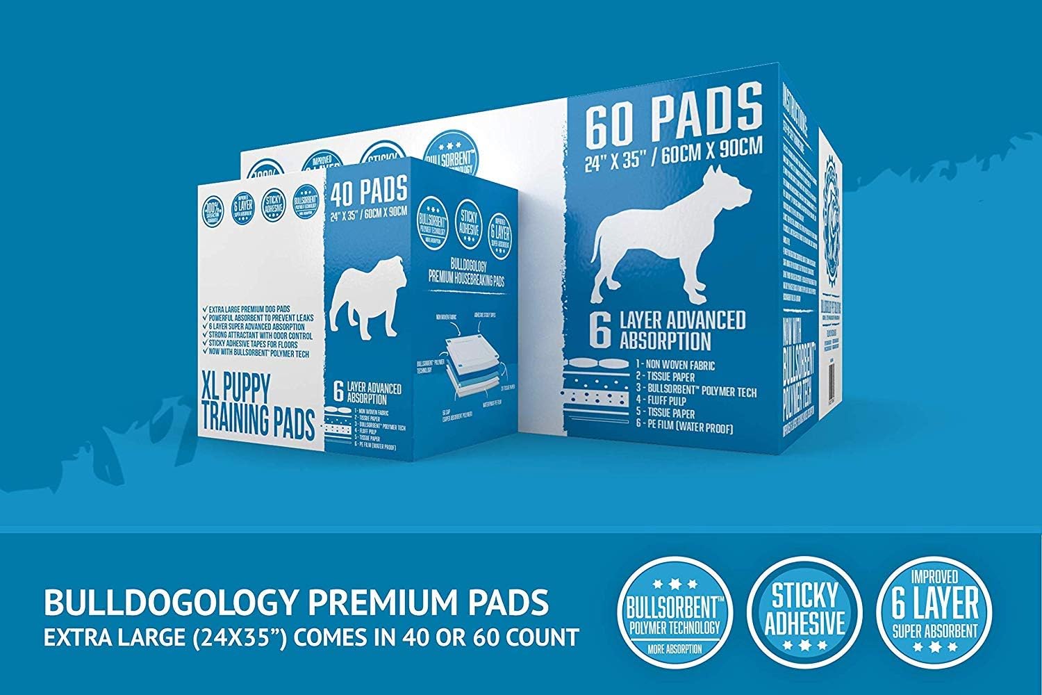 Bulldogology Puppy Pee Pads XL with Adhesive Sticky Tape - Extra Large Dog Training Wee Pads (24x35) 6 Layers with Extra Quick Dry Bullsorbent Polymer Tech (40-Count, White) : Pet Supplies