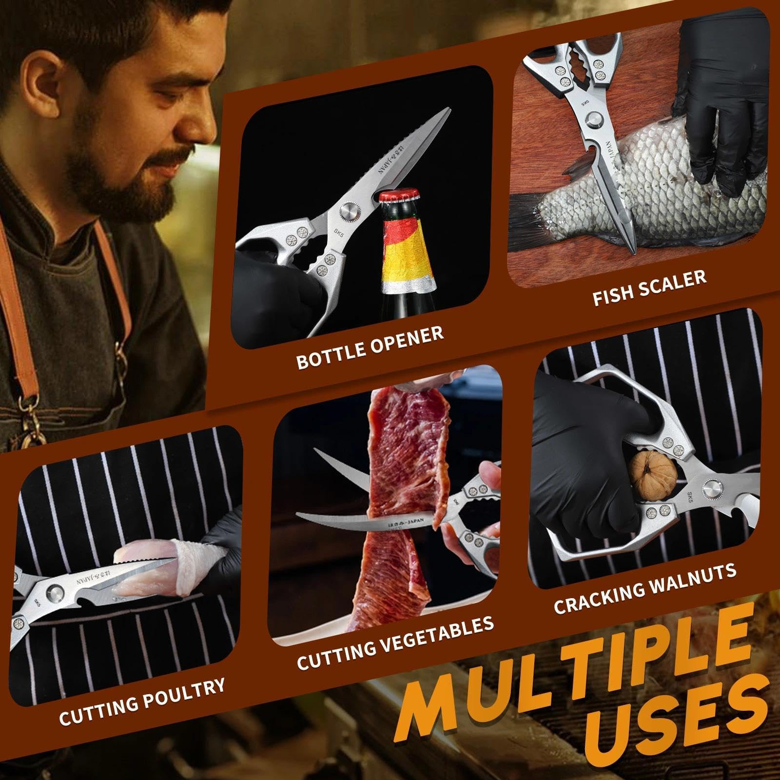 Dream Reach Küchenschere Set Silver, Edelstahl Geflügelschere und Knochenschere, Scharfe Küchenschere Spülmaschinenfest, Multifunktionale Fleischschere für Küche, Fleisch, Geflügel, Fisch, Gemüse 6