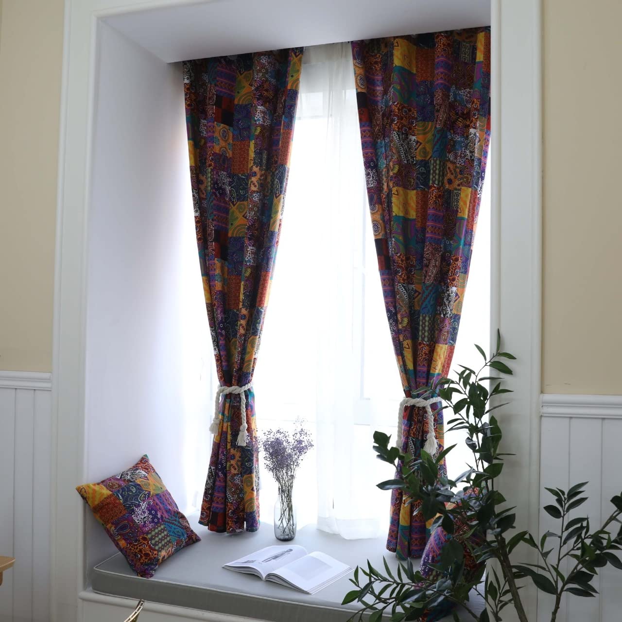 USTIDE 2-Panel Aesthetic Patchwork Window Curtains, Semi-Blackout Cotton Linen Rod Pocket Curtains for Living Room, Bedroom, Balcony, 55W×84L(140×215cm)