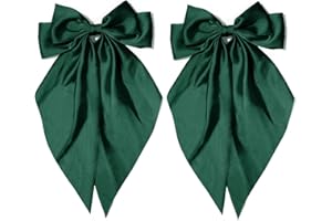 TULOBI Dark Green Satin Long Tail Large Hair Bows for Women - 2Pcs Wedding Prom Gift Ribbons, Clips and Accessories