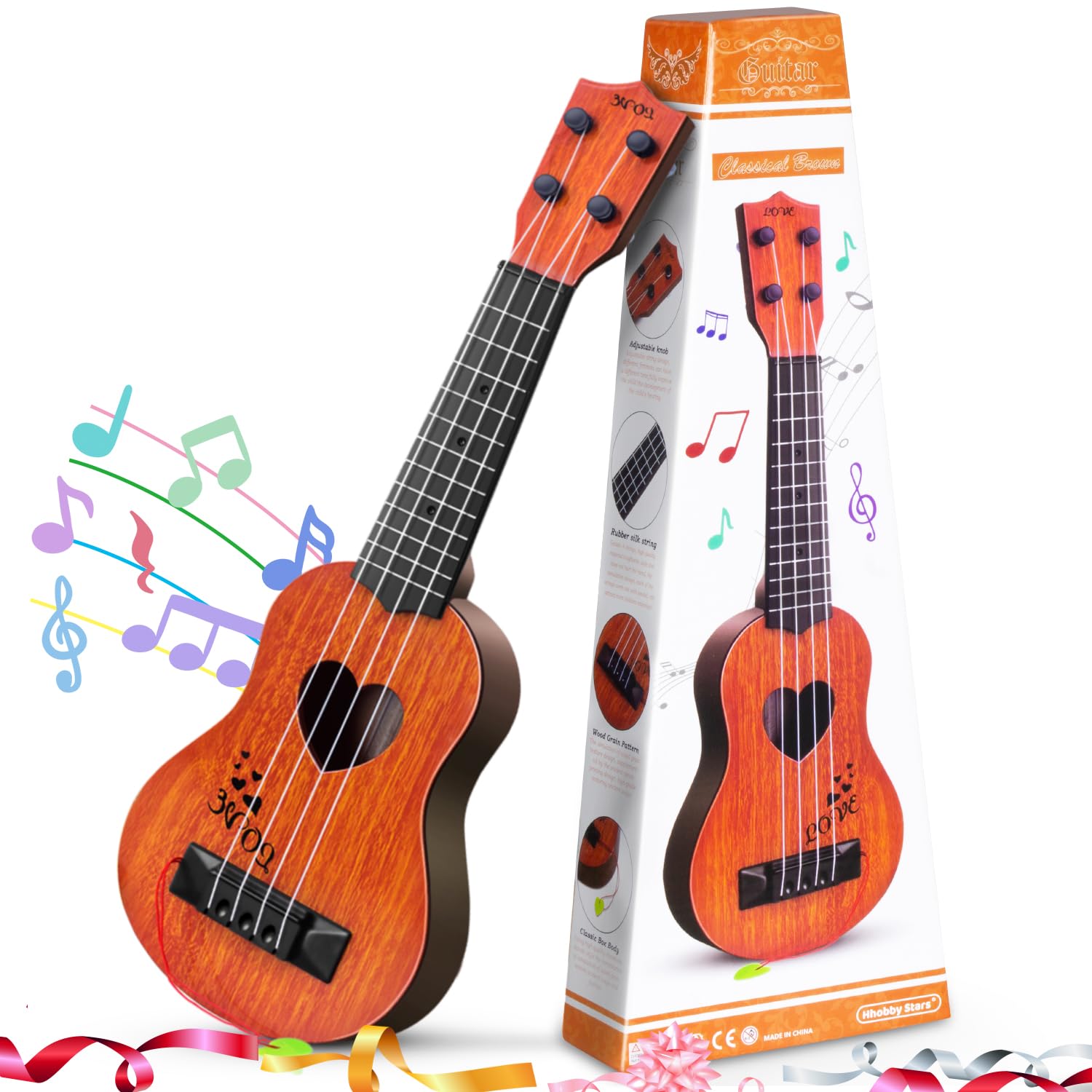 Kids Guitar Musical Toy Ukulele Classical Instrument(Brown), Wooden Play Guitar for Kids Aged 3 4 5 6 7 8 Year Old