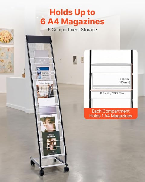 VEVOR BROCHURE DISPLAY RACK, NARROW 6-TIER MAGAZINE LITERATURE DISPLAY STAND WITH WHEELS, METAL FLOOR STANDING MAGAZINE RACK, MOVABLE NEWSPAPER CATALOG HOLDERS FOR SHOP EXHIBITIONS OFFICE (6 POCKETS)