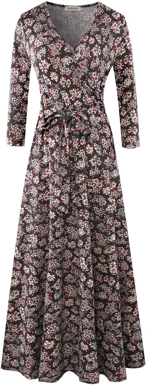 Aphratti Womens Faux Wrap Maxi Dress with Sleeves Floral Fit Flare Long Dresses