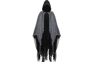Augisteen Halloween Grim Reaper Costume Medieval Renaissance Hooded Cloak Adult Scary Black Robe Wizard Cape for Unisex Cosplay Props Supplies(Grey)