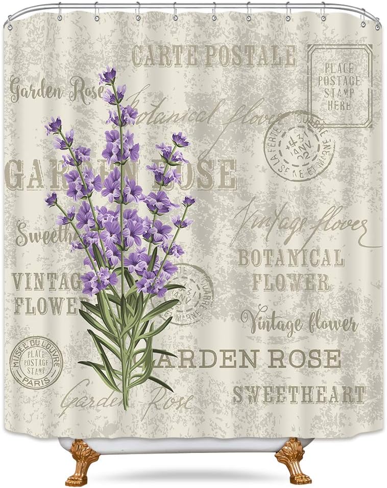 Riyidecor Lavender Vintage Shower Curtain Flowers Stall Floral Grunge Herbs Leaves Purple Beige Decor Fabric Polyester Waterproof Fabric 72Wx72H Inch 12 Pack Plastic Hooks Included