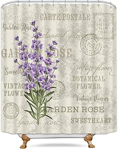 Riyidecor Lavender Vintage Shower Curtain Flowers Stall Floral Grunge Herbs Leaves Purple Beige Decor Fabric Polyester Waterproof Fabric 72Wx72H Inch 12 Pack Plastic Hooks Included