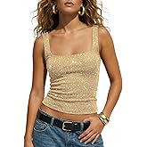 BAIGRAM Women Strappy Shimmer Square Neck Crop Tank Tops Sleeveless Sparkle Glitter Slim Fit Y2K Metallic Cami Shirt Party