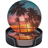 Famame Coconut Palm Trees Beach Sunset Leather Coasters for Drinks with Holder Coaster Sets 6 Pcs Drink Table Cup Coasters for Living Room Kitchen Coffee Decor