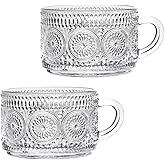 Amzcku Vintage Coffee Tea Cups, Glass Mugs 14 Oz Set of 2 Embossed Glassware with Handle, for Cappuccino, Latte, Cereal, Yogu
