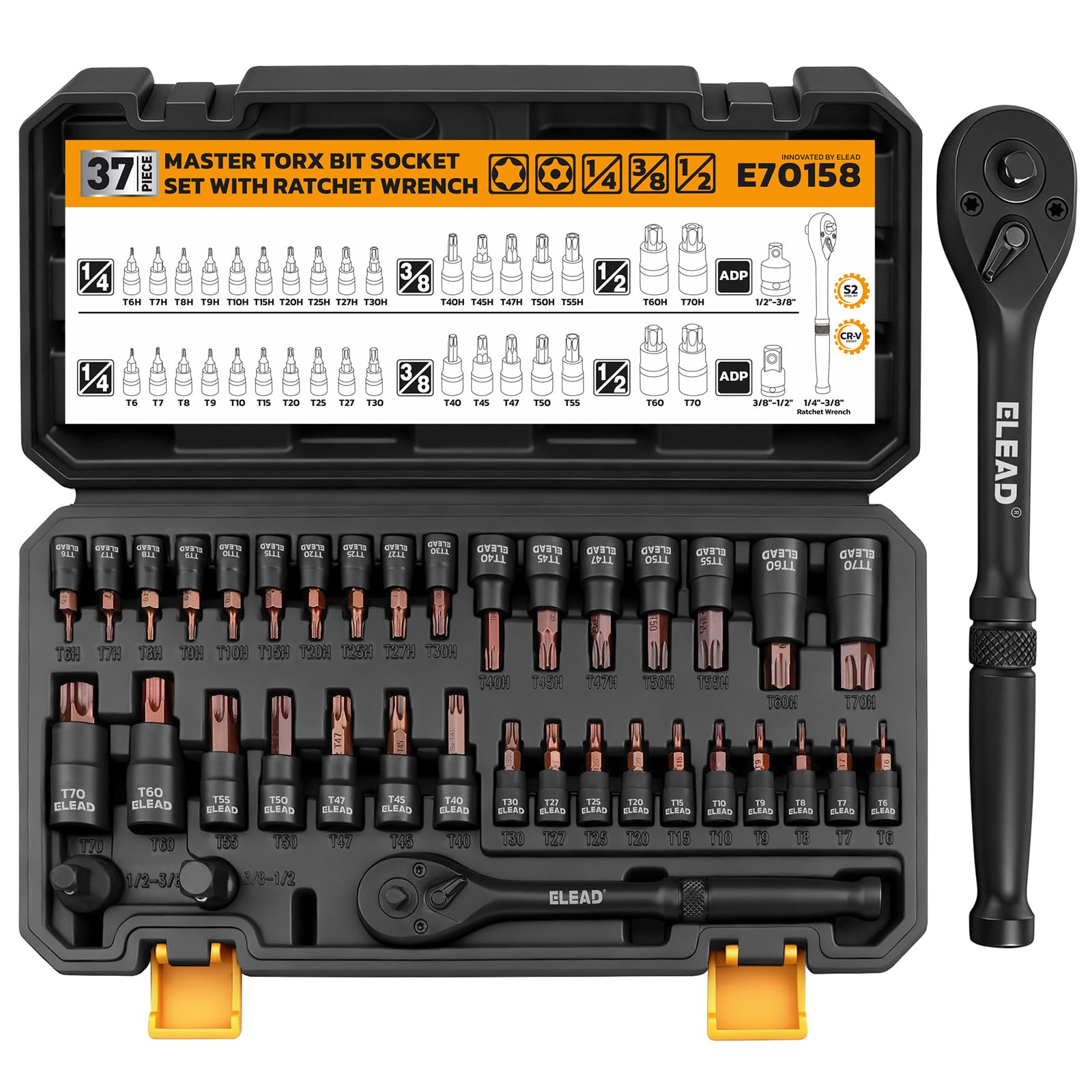 37-Piece Master Torx Bit Socket Set, 1/4", 3/8", 1/2" Drive Star & Tamper Proof T6-T70, T6H-T70H, Premium CR-V & S2 Alloy Steel, Ratchet Wrench, Sockets Adapter, High Torque for Automotive Mechanic Image