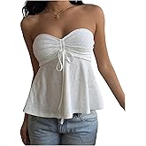 Milumia Women's Eyelet Tie Front Ruched Tube Top Flared Peplum Tops Going Out