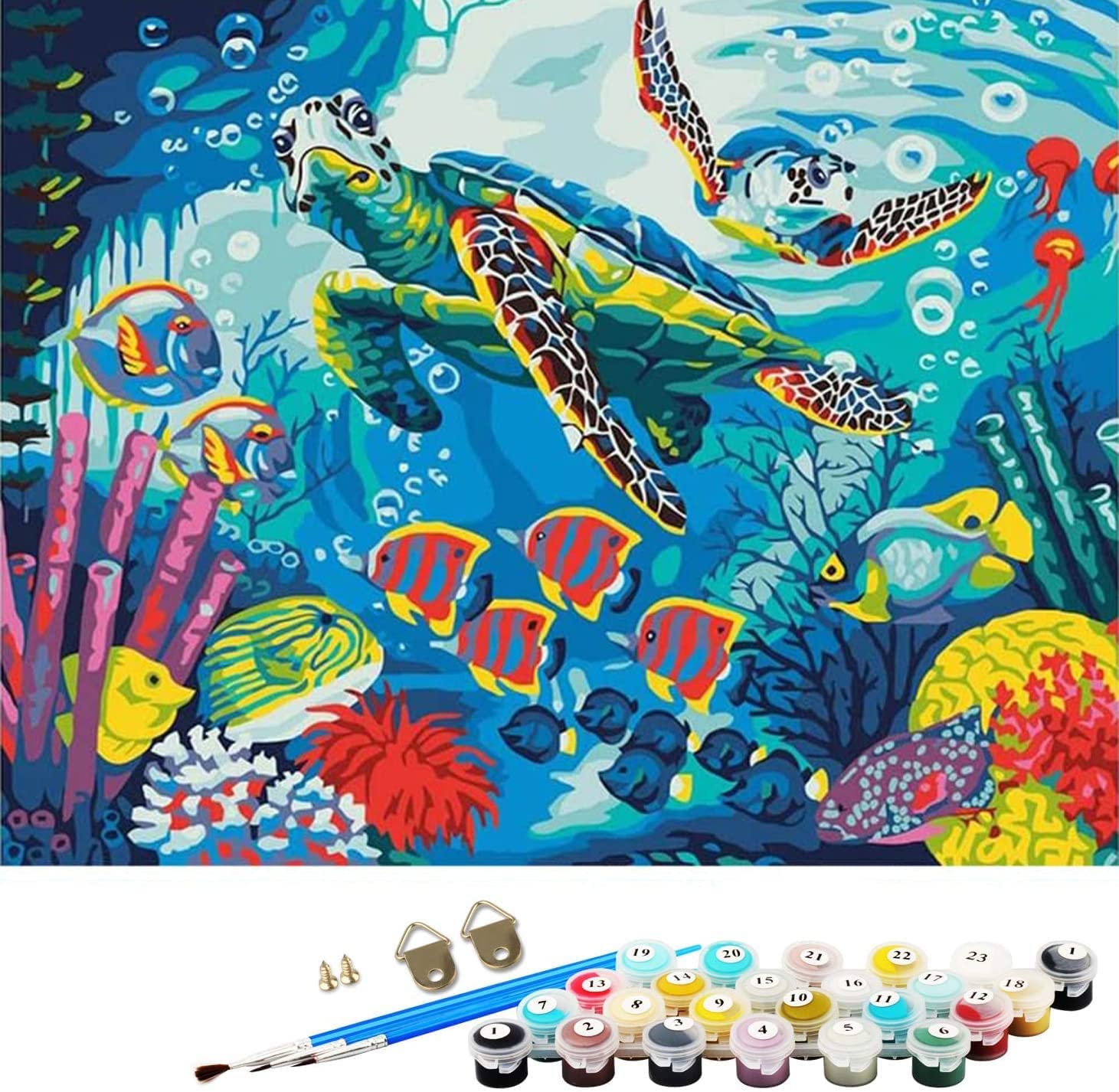 ABEUTY DIY Paint by Numbers for Adults Beginner - Underwater World & Turtle Tropical Fish Coral 16x20 inches Number Painting