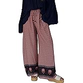 Antnation Womens Wide Leg Printed Pants with Stretch Drawstring Waist and Side Pockets Boho Lounge Casual Trousers
