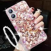 Changjia for iPhone 16 Glitter Bling Case,Cute Luxury 3D Sparkle Crown Crystal Rhinestone Diamond Stunning Gemstones Pearl with Lanyard Wrist Strap Women Girls Phone Case for iPhone 16 6.1 Inch (Pink)