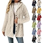 Womens Sweaters Knit Open Front Button Down Sweater Trendy Chunky Winter Warm Hooded Cardigan Outerwear Coats