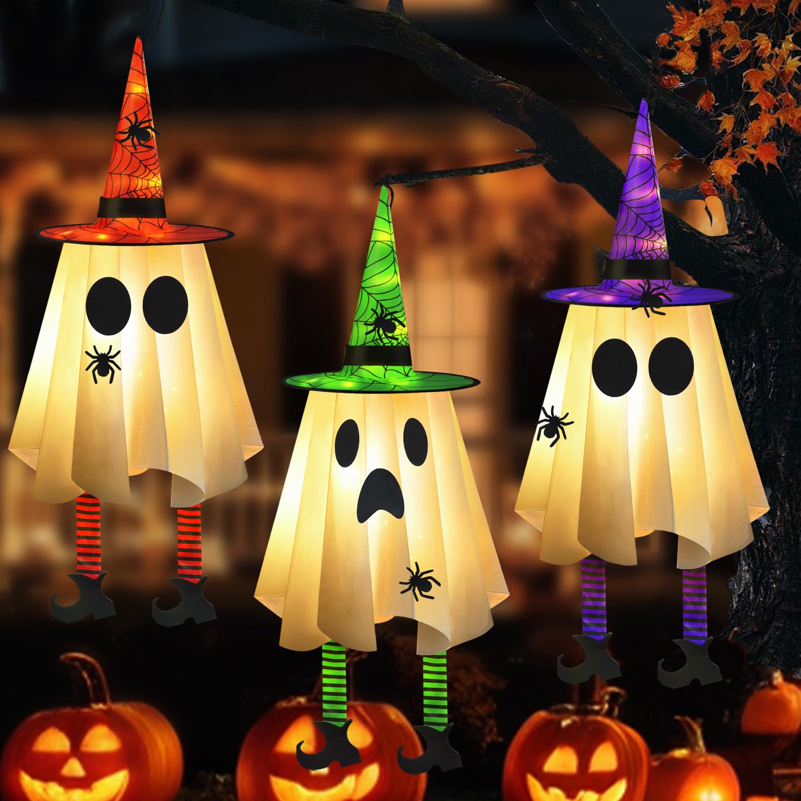 Photo 1 of 3 Pack Hanging Ghosts Halloween Decorations Outdoor, 23.6" Glowing Halloween Ghosts with Witch Hat, DIY Expressions Light up Ghost Kit for Yard Patio Garden Tree Outside