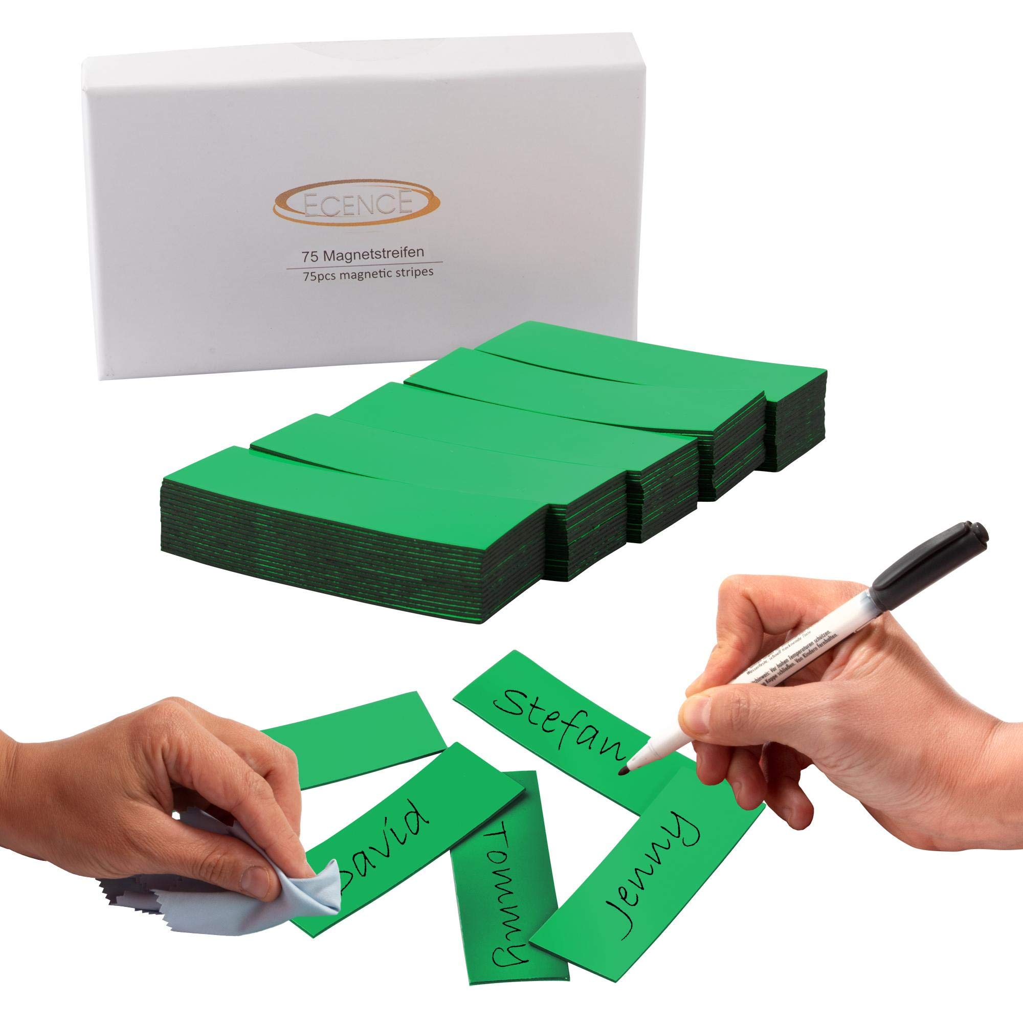 ECENCE Dry Erase Magnetic Labels 75pcs Reusable Name Tags 2.36inchx0.79inch Writable Sticker Notes for Whiteboard Refrigerator Locker Classroom Green — image 1